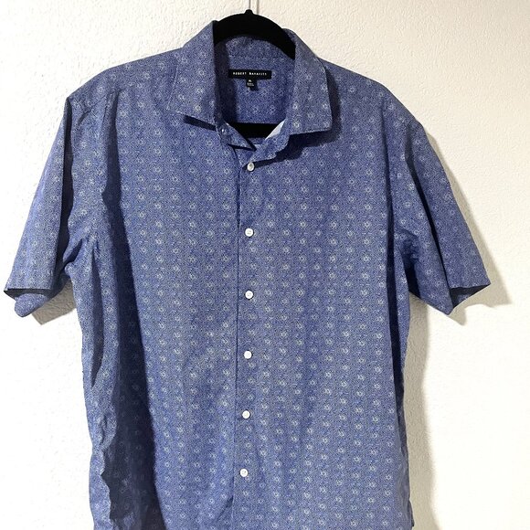 Robert Barakett Slate Blue Geometric Pattern Button Fron Shirt Camp Shirt Sz XL - Picture 1 of 5